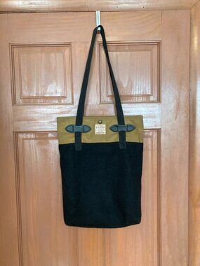 Vintage Filson Black Wool Riverkeeper Khaki Tin Cloth Leather Tote USA 70277